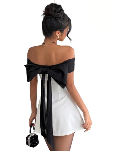 Image of SOLY HUX Women's Bow Off the Shoulder A Line Wedding Guest Mini Dress