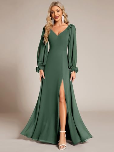 Ever-Pretty Women's Elegant Double V Neck Hollowed-Out Long Sleeves High Waist Split Chiffon Formal Dress 801164