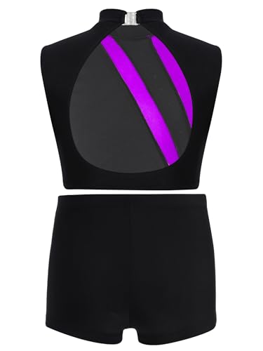 easyforever Girls 2-Piece Gymnastics Wear Shiny Metallic Crop Tank Top with Shorts for Ballet Dance Show Purple 8 Years4