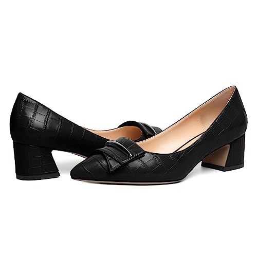 FOWT Women Big Buckle Pointed Toe Pumps Slip on Chunky Block Low Heels Formal Office Evening Shoes Size 4-16 US4