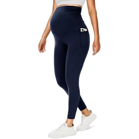 HIGHDAYS Maternity Leggings with Pockets Over The Belly, Women's Black Pregnancy Yoga Workout Active Pants Cover