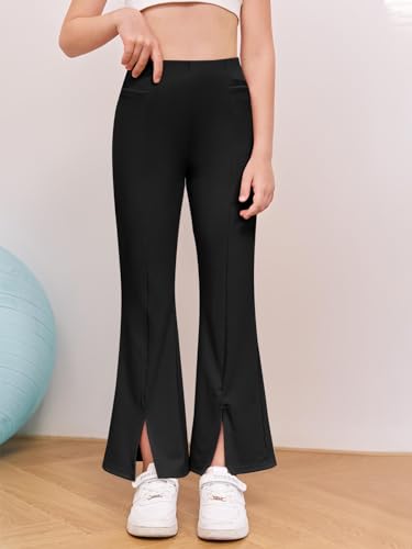 Image of Haloumoning Girls Kids Elastic Waist Ribbed Flare Split Bottom Pants Stretch Casual Long Pants(5-14Y) Black
