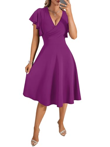 Image of LYANER Women's Warp V Neck Ruffle Short Sleeve A Line Swing Flared Cocktail Party Midi Dress