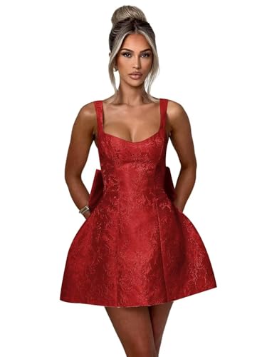 Image of V Neck Satin Red Short Homecoming Dresses for Teens 2025 A Line Sleeveless Lace Up Mini Cocktail Prom Party Gown with Bow Plus Size US20W