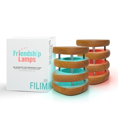 Friendship Lamp® by Filimin Mid-Century Knotty Alder Wood Design - Wi-Fi Touch Lamp LED Light for Long-Distance, Connection, Relationship, Gift, 200+ Colors, App Setup - Set of 2