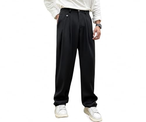 Image of Men's Relaxed Straight Leg Loose Fit Pleated Trousers | Mid-Rise Formal Pants with Zip Fly & Button Closure | Solid Regular Length Office Wear Trousers