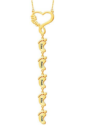 EVER2000 Personalized Mothers Necklace with 1/2/3/4/5 Child Name Custom Engraved Baby Feet Charms Name Necklace for Mom Customized Baby Feet Necklace with Heart/Infinity/Diamond Mom Heart Symbol/Love