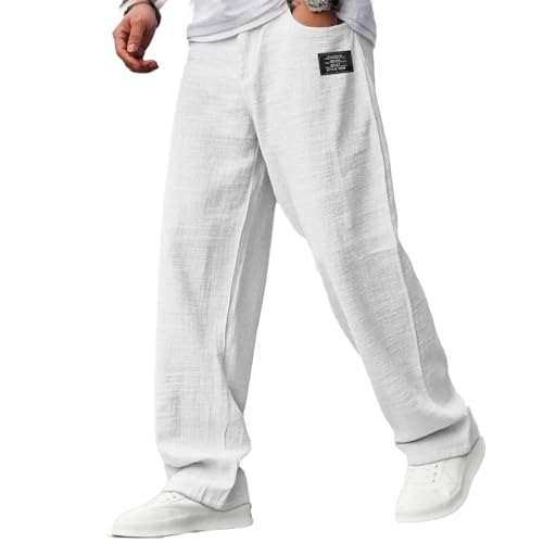 Mokaloha Mens Pants, Men's Casual Hemp Embroidered Logo Drawstring Loose Elastic Waist Pocket Trousers2