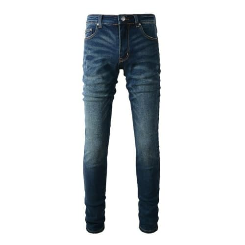 Jeans Pants Trousers Denim Men Retro Stretch Slim Fit Street Trendy Deep Blue Edge Casual Small Foot(Dark Blue,29)4