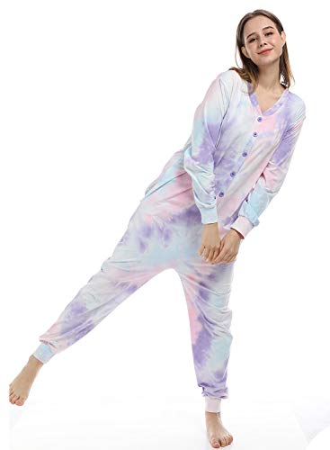 Lifeye Womens Onesie Pajamas Romper Sleepwear Set Tie Dye Long Sleeve Jumpsuit Homewear with Drop Seat Butt Flap4