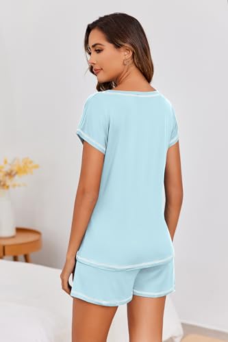 Image of Ekouaer Womens Pajama Sets 2 Piece Soft Short Sleeve Top and Shorts Sleepwear Round Neck Pjs Lounge Set with Pockets