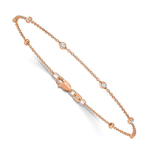 Solid 14k Rose Gold Lab Grown Diamond Station Anklet - with Secure Lobster Lock Clasp 9\" (Width = 1mm) (.203 cttw.) - Thumbnail 4