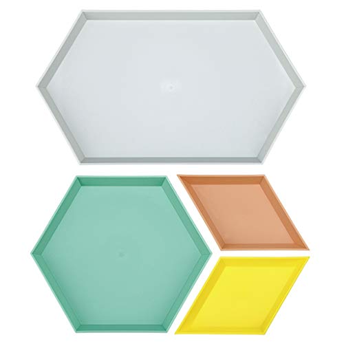Sumnacon - Bandeja de plástico apilable para joyas geométricas, organizador de accesorios de escritorio, juego de 4 unidades, color gris, verde, marrón y amarillo