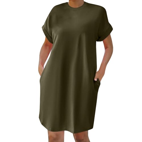 Vestidos de verano para mujer, vestidos de primavera para mujer, color sólido, cuello redondo, holgado, manga corta, con bolsillos, vestidos de invitada de boda para mujer, Reino Unido, verde, XL