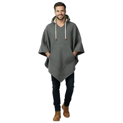 Boho Tops Wool Ponchos for Men - Clint Eastwood Poncho for Men - Lightweight Western Poncho Men - Serape Cloak with Hood Mens Poncho (Grey)
