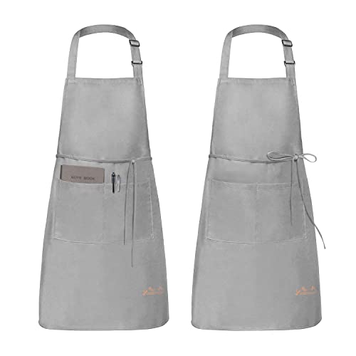 Viedouce 2 Pack Tabliers de Cuisine Etanche,Tablier Réglable avec Poches pour Cuisine Familial,Restaurant,Jardin,Tablier pour Serveurs,Serveuse (Gris)