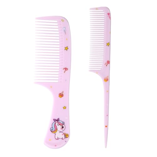 2pcs Pink Cute Hair Combs Set for Girls, Fine Tooth Comb & Rat Tail Styling Comb, Mini Baby Plastic Hairbrush Tools Accessories for Toddlers Kids Women All Hair Types (Unicorn)