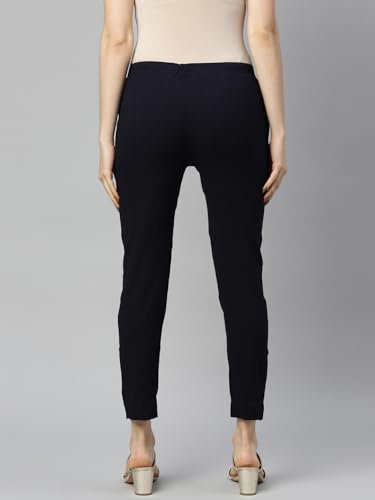 Image of MINELLI Women Solid Cigar Pants, Cotton Lycra Slub Fabric, Elasticated Waistband, Pull On Style, Regular Fit Bottom Wear for Western and Ethnic Wear