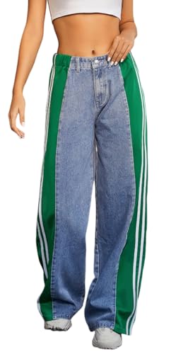Women's Jeans High Waisted Patchwork Stripes Loose Denim Pants Y2K Straight Color Block Wide Leg Baggy Jeans