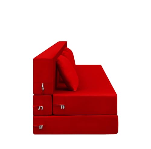 Image of AMATA Instant 3 Seater Foldable Sofa Cum Bed red Suede Velvet Fabric with 2 Pillow Perfect for Home Living Office Room and Guests (3 Year Warranty) (red, Instant 3 Seater Sofa Cum Bed)