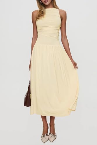 Image of Womens Summer Casual Midi Maxi Dress 2026 Sleeveless Ruched A Line Flowy Cocktail Wedding Guest Beach Long Sundress