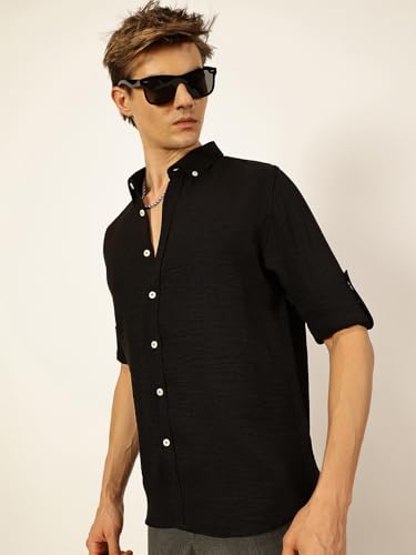 Image of Thomas Scott Men's | Solid | Textured Fabric | Full Sleeve | Slim Fit | Polyester-Blend | Spread Collar | Casual Shirt