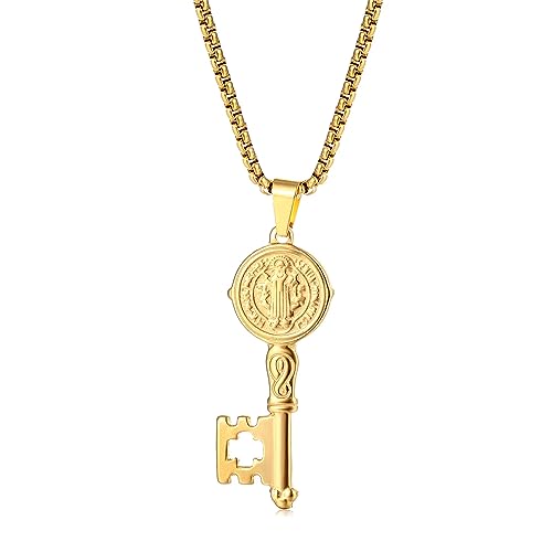 Saint Benedict Medal Key Pendant Necklace,Stainless Steel Exorcism Catholic Religious Key Necklace Jewelry 24 Inch Chain,Gift For Him