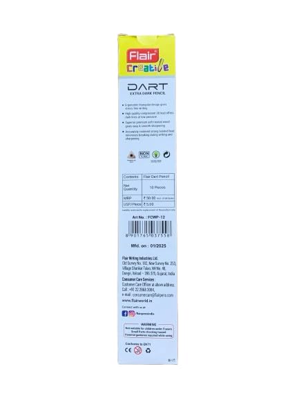 Image of FLAIR Creative DART Extra Dark 2B Wooden Pencils 10| Ergonomic Triangle Body| Comfortable Grip| Soft Treated Premium Wood| FREE 1 Eraser & Sharpener| Pack of 4