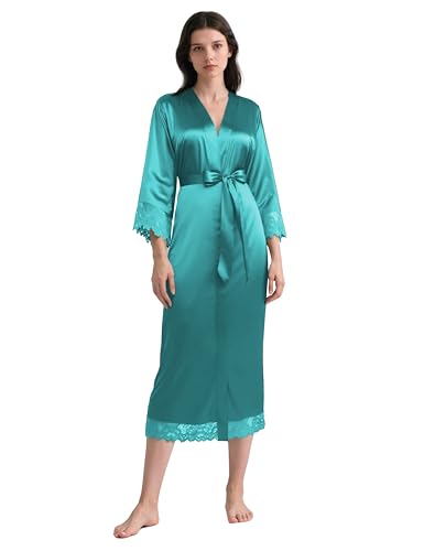 Image of BABEYOND Satin Kimono Robe Silky Long Bridesmaid Wedding Lightweight Bath Robe with Lace Trim