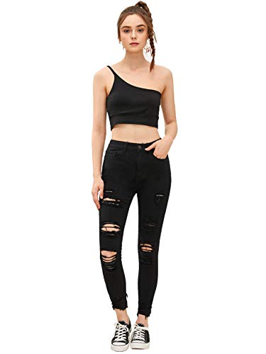 Sweatyrocks Women's Stretch Ripped Raw Hem Skinny Jeans Distressed Denim Pants Black L #TOP4