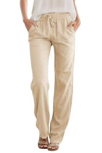 SEMARO Womens Casual Linen High Waist Pants Drawstring Loose Fit Summer Pants Trousers with Side Pockets Khaki