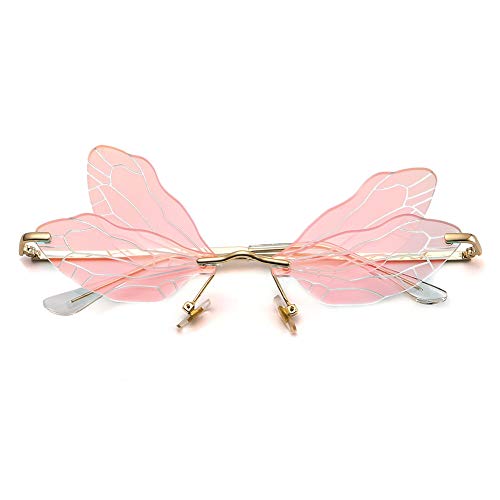 LASPOR Butterfly Rimless Sunglasses for Women Vintage Gold Metal Frameless Dragonfly Glasses UV400 Protection Eyewear (Mirrored Red)