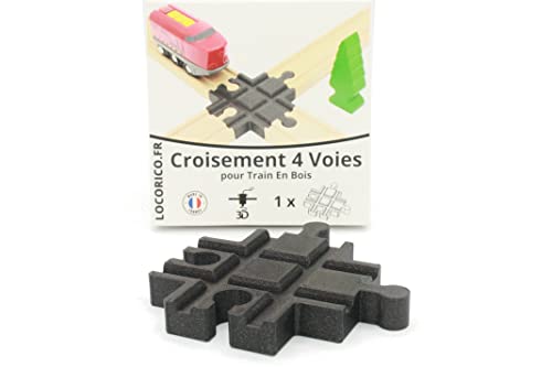 Locorico- Wooden Train Crossing (4 Ways), Beige,yellow,black, 8.8 x 8.8 x 1.2 centimètres - Image 3