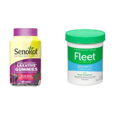 Senokot Dietary Supplement Laxative Gummies, Natural Senna Extract, Gentle, Overnight Relief & Fleet Laxative Glycerin Suppositories for Adult Constipation, Adult Laxative Jar Aloe Vera, 50 Count Cover