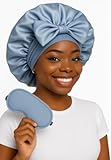 Sosun Beauty Double Layer Satin Sleep Bonnet, Blue Ice with Tie Band and Free Matching Sleep Mask