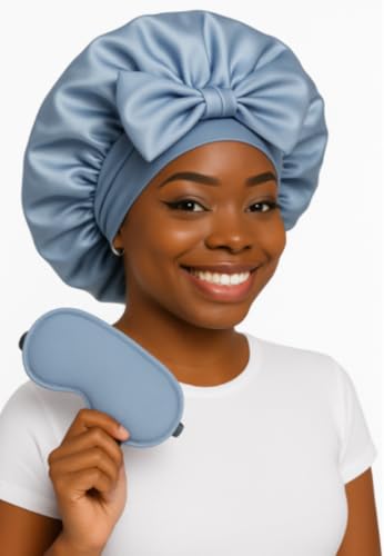 Sosun Beauty Double Layer Satin Sleep Bonnet, Blue Ice with Tie Band and Free Matching Sleep Mask