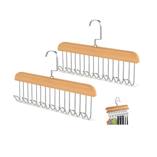 MaoNativey Lot de 2 Porte-Ceintures pour Armoire, Cintre Multifonction en Bois avec 8 Crochets, Organisateur Tournant 360°pour Ceintures, Cravates, Écharpes,...