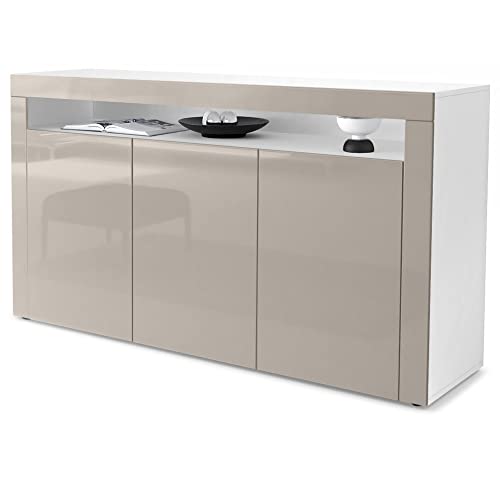 Vladon Buffet Valencia, Commode avec 3 Portes et 1 Compartiment Ouvert, Blanc Mat/Gris Sable Haute Brillance/Gris Sable Haute Brillance (155 x 92 x 40 cm)