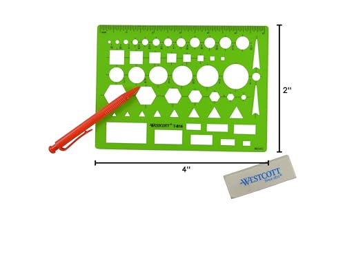 Image of Westcott T-816 All-Purpose Technical Drawing Template, Plastic Shape Template Tool, Green, 4.5 by 6 in | Plastic Shape Template Tool, Green, 4.5 inch x 6.25 inch