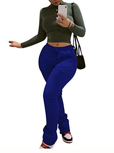 Annystore Women's Casual Slim Fit Stacked Pants Drawstring Ruched Thick Jogger Pants Sweatpants with Pockets Blue 2XL