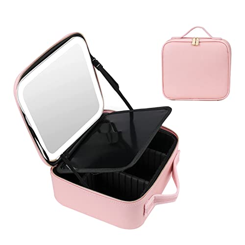 Treesunshine Trousse de Maquillage, Trousse Maquillage Femme avec Miroir Et Lumière D'appoint, Makeup Étui de Rangement Cosmétique avec Compartiment Réglable Étuis, Trousse Maquillage de Voyage, Rose