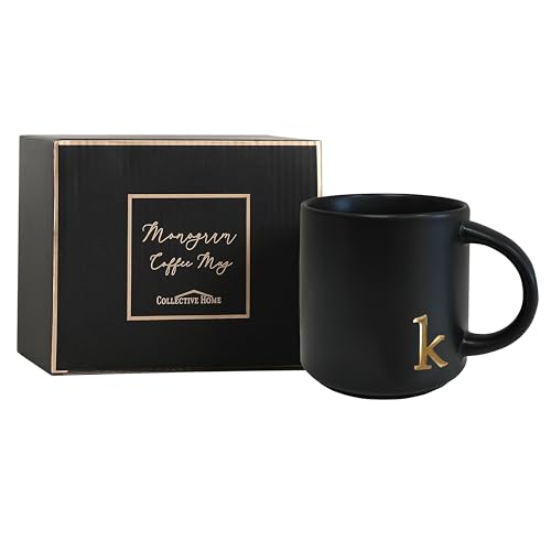 COLLECTIVE HOME Black Ceramic Coffee Mug, 15 oz Golden Monogram Tea Cup (k) - Image 3