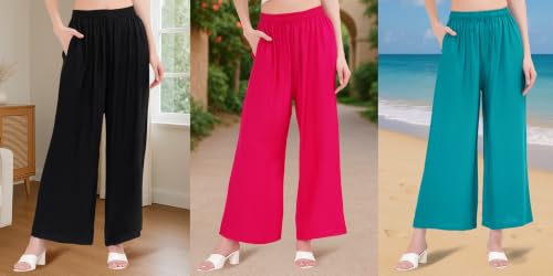Image of Buy That Trendz Palazzo Pants for Women Rayon Elasticated Regular Fit Flared Wide Leg M to 6XL Pack of 3
