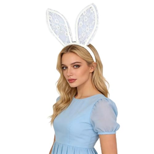Zhzrche Easter Bunny Headbands Halloween White Lace Rabbit Ear Costume Bunny Headband Accessories Party Headwear