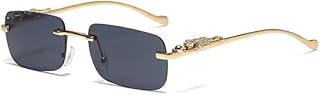 KRILLEN SHADES Black Rimless Rectangular Sunglasses, Gold Metal Frame, Dark Grey Lenses, Decorative Temple Design-UV Prote...