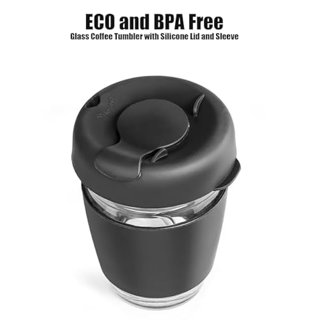 12 oz Glass Coffee Cup with Lid and Sleeve, Black Travel Coffee Mug for Hot or Iced Drinks, Reusable Travel Tumbler for Home, Office, or On-the-Go, Leak Proof, BPA Free