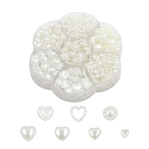 Pearl Heart Nail Charms,1Box About 460 Pieces Mixed White Flat Back Imitation Pearl Nail Art Charms,3D Sun Flower Love Heart Pearls for Crafts DIY Manicure Accessories