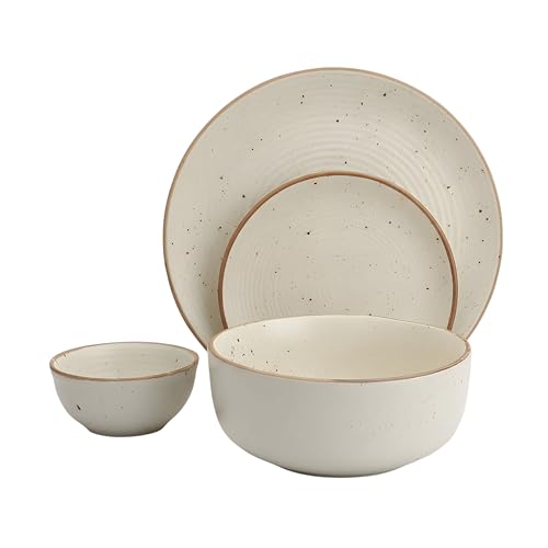 Image of MIAH Decor Handcrafted Stoneware Dinner Set-Pack of 14-[4 Dinner Plates; 4 Quarter /Side Plates / 4 Dinner Bowls / 2 Serving Bowls]|Cream with Brown Rim|Matte Finish|Ceramic|Microwave Oven, (MD-496-MFN)