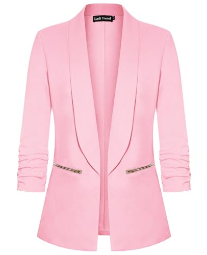 Womens Casual Blazer Ruched 3/4 Sleeve Open Front Cardigan Work Office Blazers Suit Jacket with Zipper Pocket