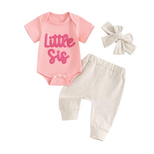 Ayalinggo Baby girl clothes little sister Romper Lil Sis Short Sleeve T-shirt Bobysuit Pants Headband 3pcs Summer Infant outfits (Pink, 0-3 Months)
